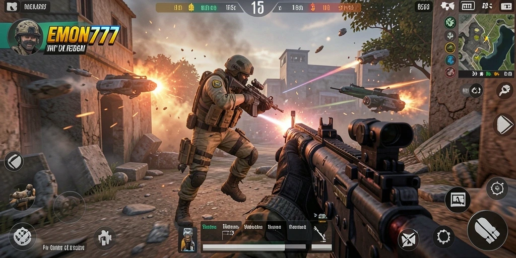 Screenshot dari gameplay EMON777 yang menunjukkan aksi tembak-menembak intens.