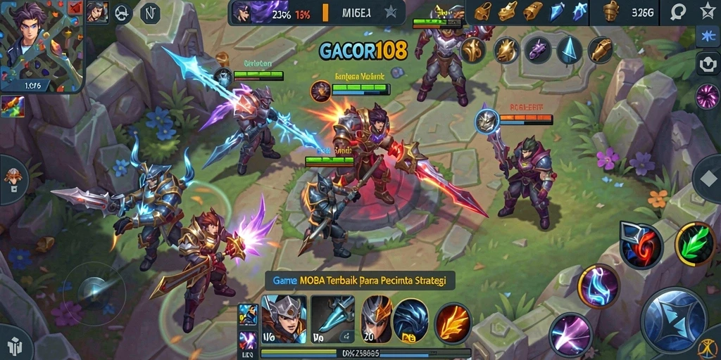 Tampilan aksi seru dalam gameplay GACOR108 MOBA.