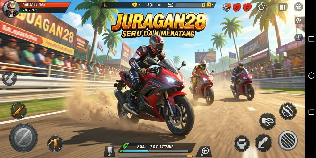 Tampilan gameplay JURAGAN28 yang penuh aksi balapan motor.