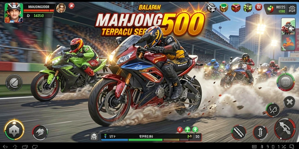 Tampilan seru gameplay balapan motor di MAHJONG500.