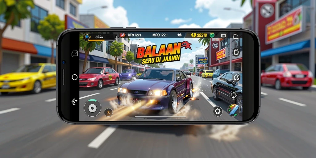 Gameplay balapan seru dalam MPO1221 dengan mobil kustom dan trek menantang.