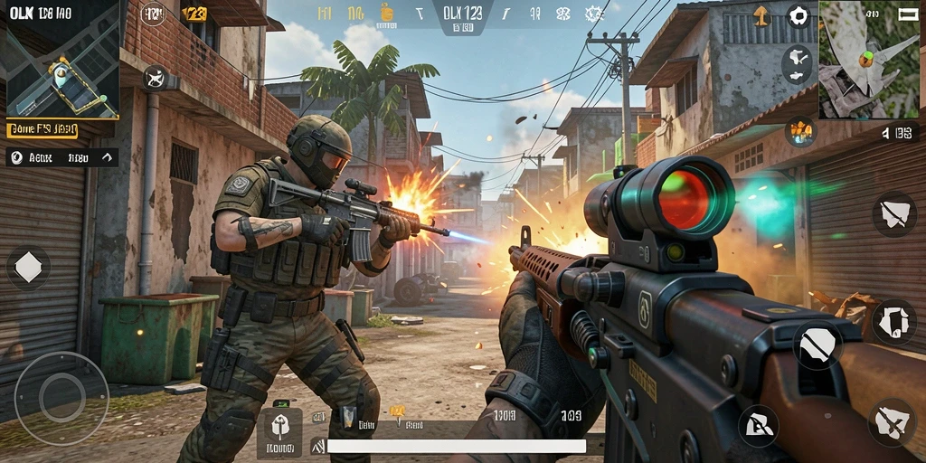Screenshot utama OLX128 menunjukkan aksi intens gameplay FPS.