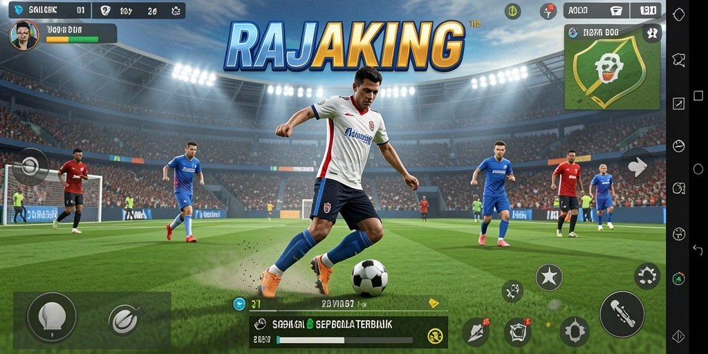 Screenshot gameplay RAJAKING menampilkan aksi sepak bola yang mendebarkan.