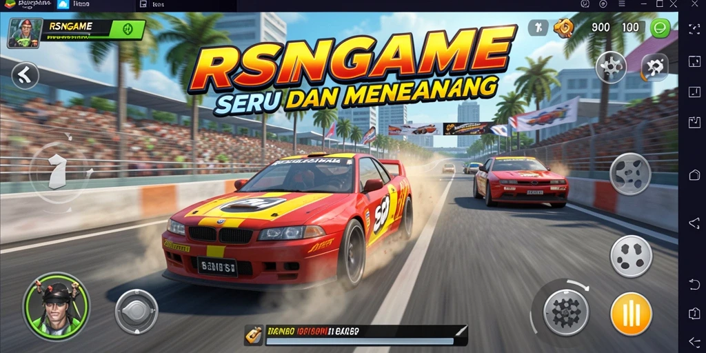 Tangkapan layar menampilkan balapan seru pada RSNGAME dengan mobil yang melaju kencang.