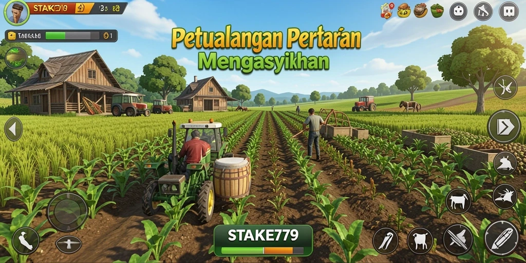 Tampilan utama gameplay STAKE779 dengan aktivitas berkebun yang seru.