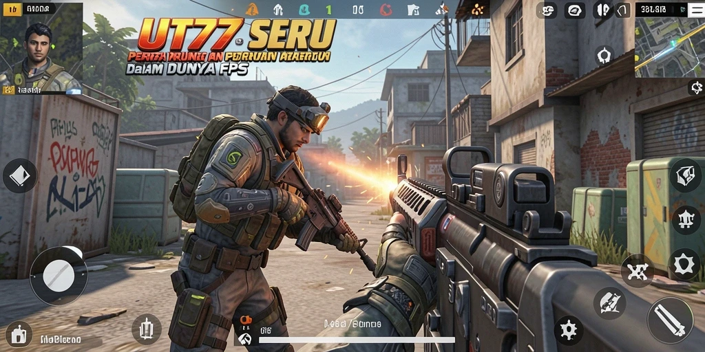 Screenshot gameplay UT77 menampilkan aksi seru dan mendebarkan di medan perang FPS.
